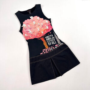 vintage Custo black dress, pink tree with birds print